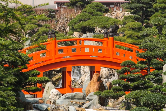 Orange bridge in a Japanese garden with waterfall