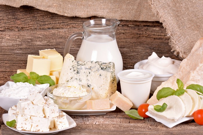 Assortment of Dairy Products: Milk, Cheese, Butter, Yogurt