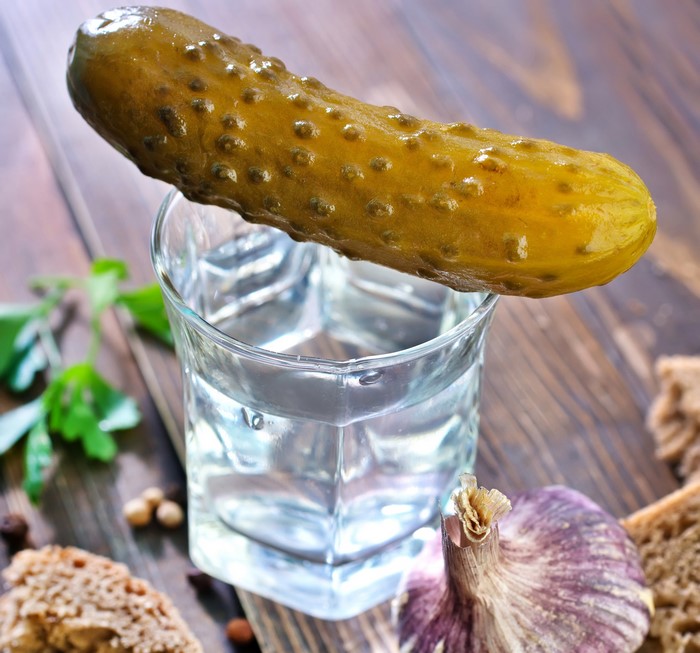Vodka with pickle, garlic, and bread