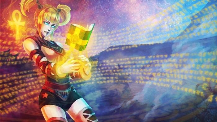 Woman with magic book and ankh symbol