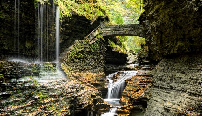 Watkins Glen State Park waterfalls and stone bridge