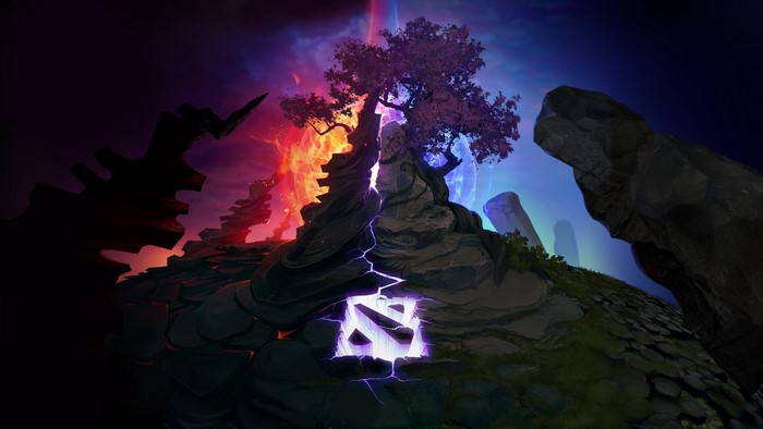 DOTA 2 logo emblem on a mystical landscape