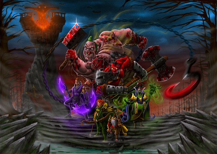 Dota 2 characters Pudge, Axe, Rubick, Windranger, and others