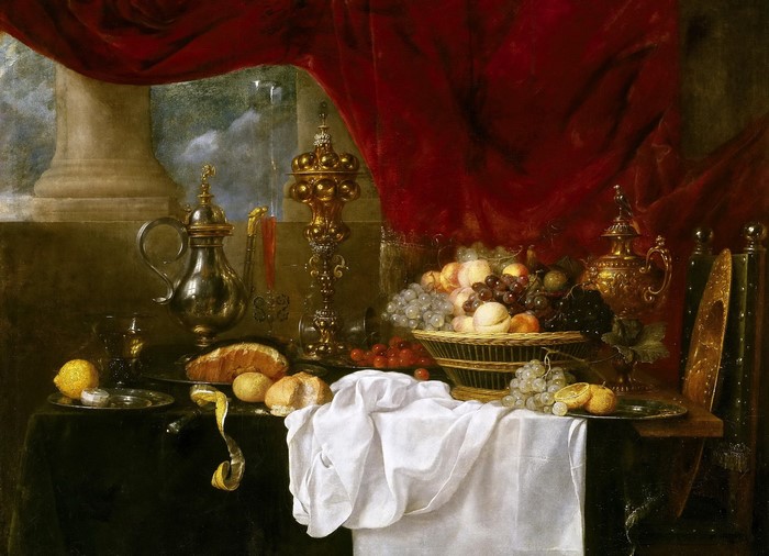 Still-life with fruit, bread, and silver jug by Andries Benedetti