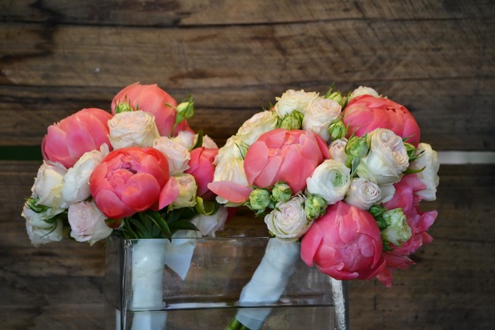 Two bouquets of pink peonies and white roses