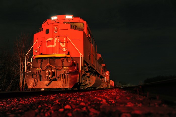 Red CN Locomotive at Night