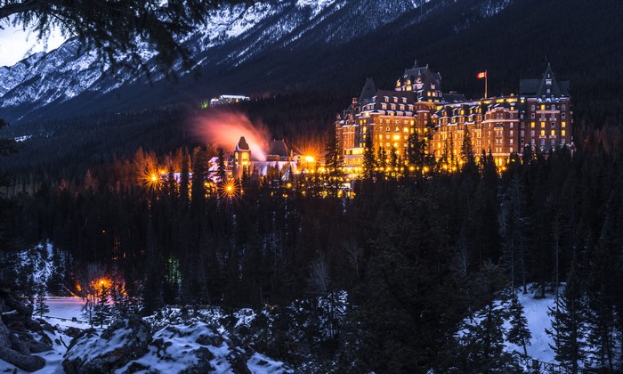 Fairmont Banff Springs Hotel at night in winter