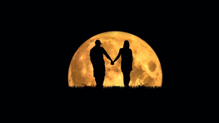 Couple holding hands in front of a large moon