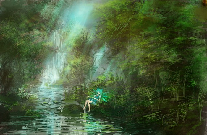Cirno from Touhou sitting by a waterfall