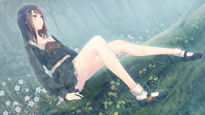 Girl in black dress sitting in the rain