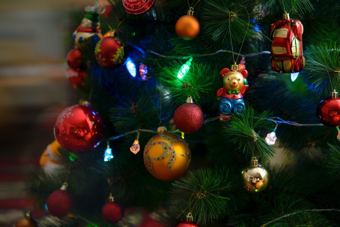 Christmas tree with ornaments and fairy lights