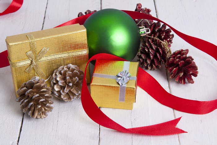 Christmas Gifts, Ornament, Pine Cones, and Ribbon