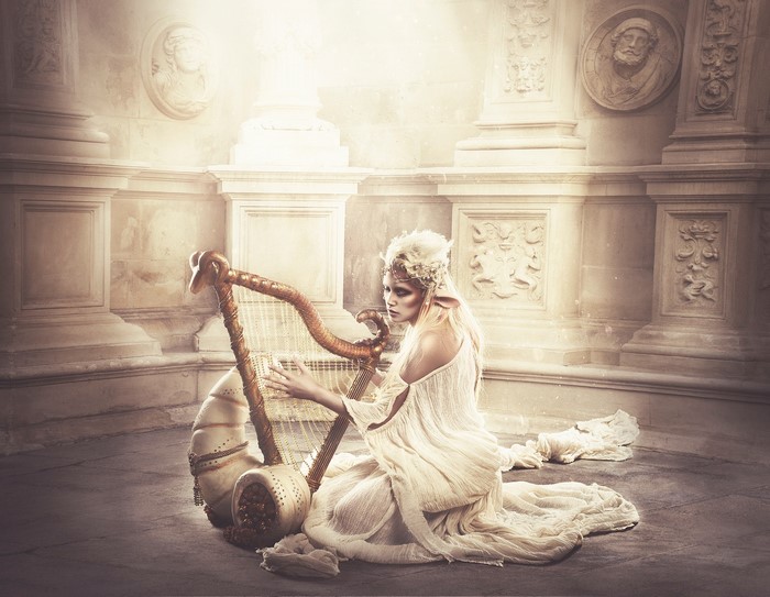 Elf playing a golden harp in a classical hall