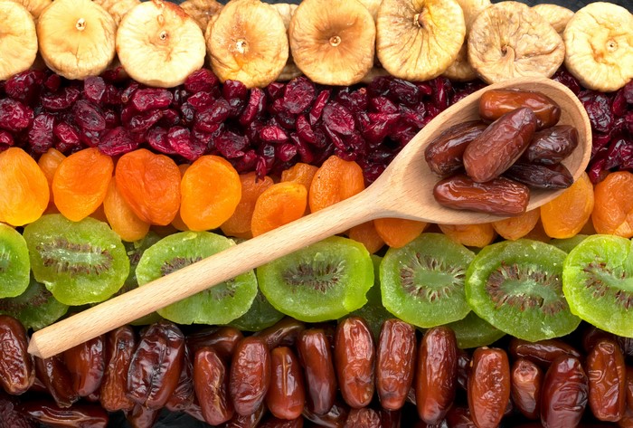Assortment of dried fruits including figs, cranberries, apricots, kiwi, and dates