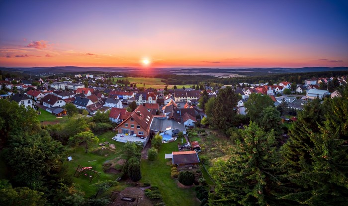 Aerial view of Glashuetten, Hesse, Germany at sunset