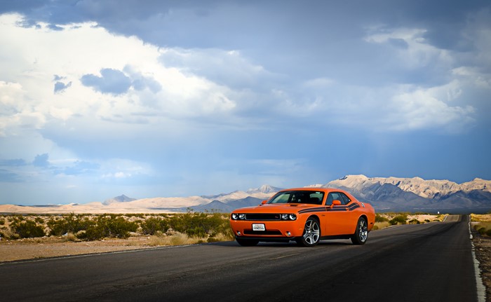 4K Orange Dodge Challenger on Desert Road
