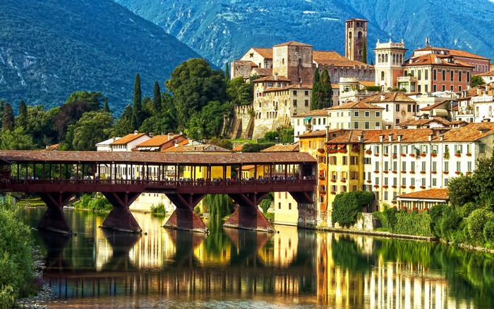 4K Bassano del Grappa Ponte degli Alpini bridge over Brenta River, Italy