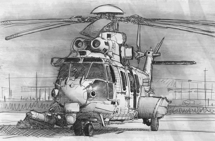 Pencil sketch of a military helicopter on a tarmac