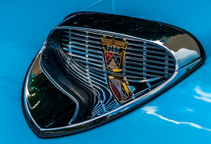 Ford Emblem on a Blue Car Hood