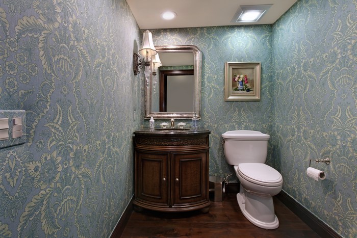 Powder room with ornate vanity and toilet