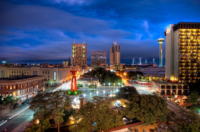 San Antonio skyline at night with Riverwalk