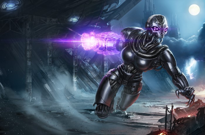 Robot firing energy blast in sci-fi landscape