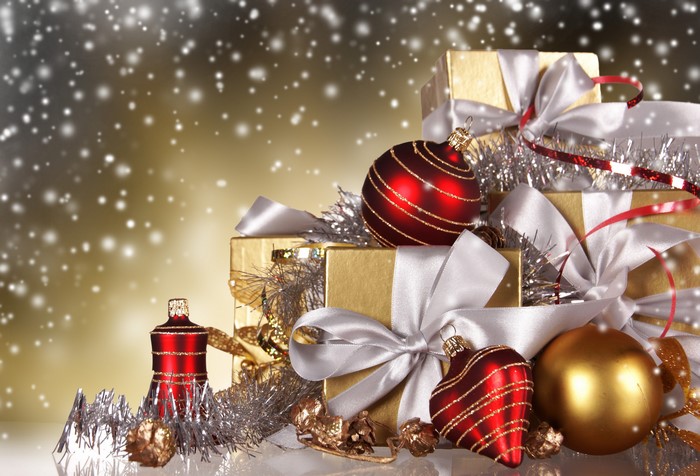 Christmas Gifts and Ornaments with Snow