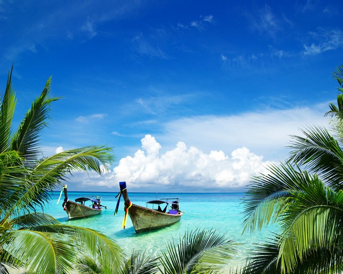 Tropical beach with boats and palm trees