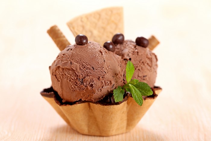 Chocolate ice cream scoops in a waffle bowl