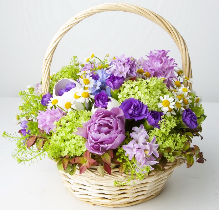 Easter Flower Basket with Camomiles, Hyacinths, and Hydrangea