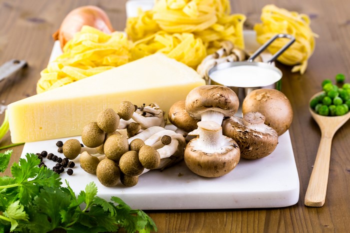 Pasta, Mushrooms, Cheese, and Peas Ingredients