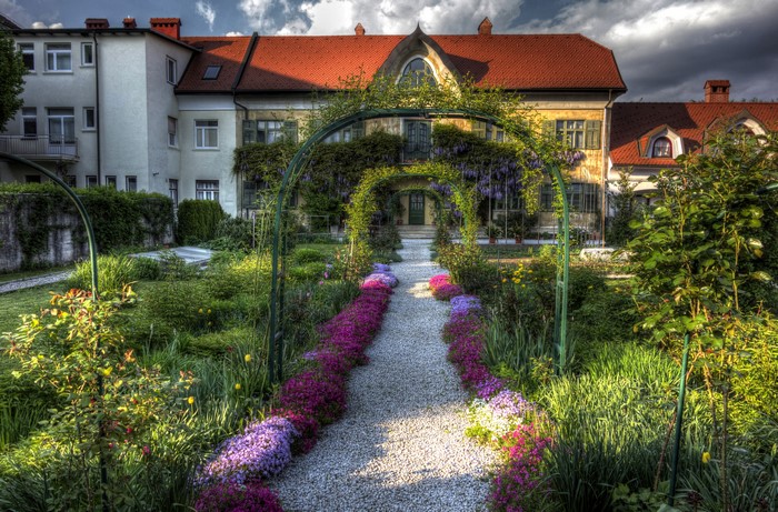 Garden path leading to a house in Radovljica, Slovenia