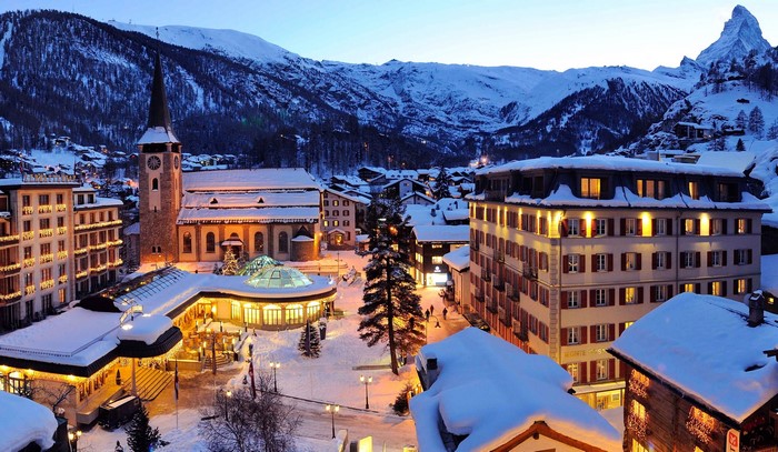Zermatt village in Swiss Alps at night