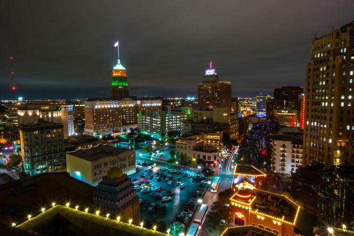 San Antonio skyline at night with Christmas lights