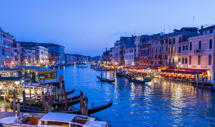 Venice Canal with Gondolas and Buildings at Dusk