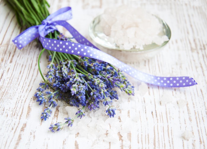 Lavender flowers with salt and ribbon
