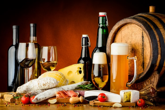 Wine, Beer, Cheese, Sausage, and Barrel