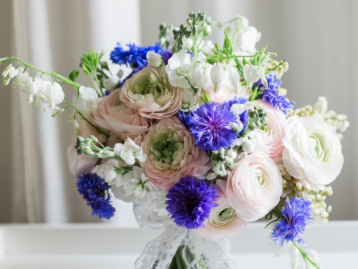 Bouquet of Ranunculus, Matthiola, and Cornflowers