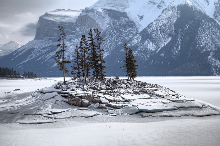 Snowy island with pine trees and mountains