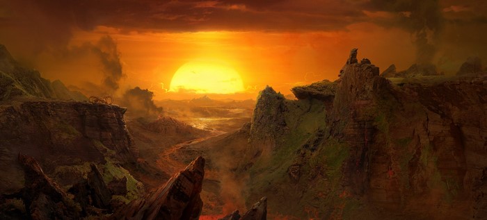 Alien landscape with a large sun and mountains