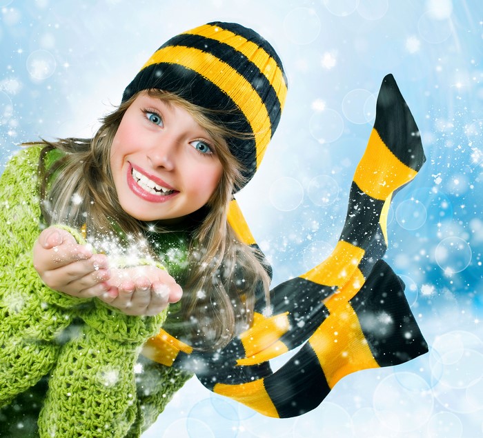 Smiling Girl in Winter Hat with Snowflakes 4K