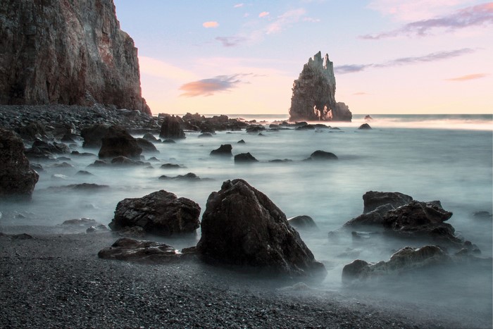 Rocky coast with sea stacks at sunset