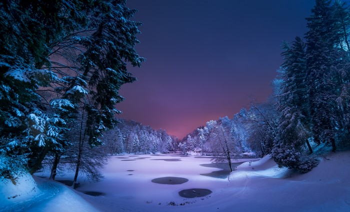 Snowy forest lake at twilight