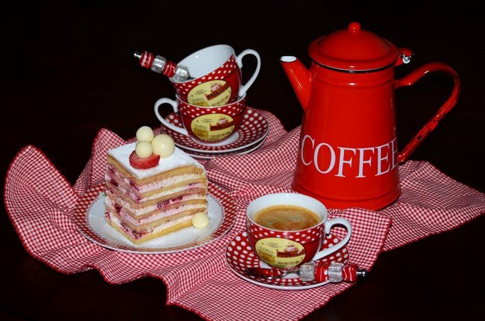Coffee and cake with red polka dot cups and pot