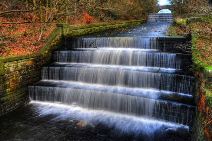 Waterfalls in Yarrow Valley Park, England during Autumn