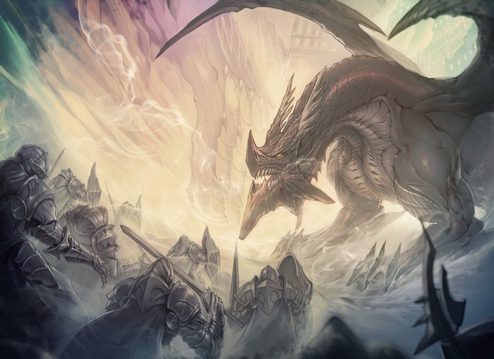 Dragon facing knights in armor