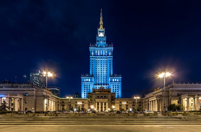 Palace of Culture and Science in Warsaw at Night