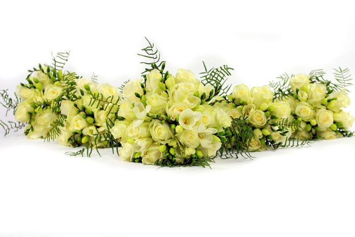 Bouquets of White Roses and Freesia on White Background