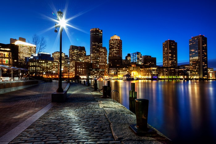 Boston Waterfront at Night with Skyscrapers