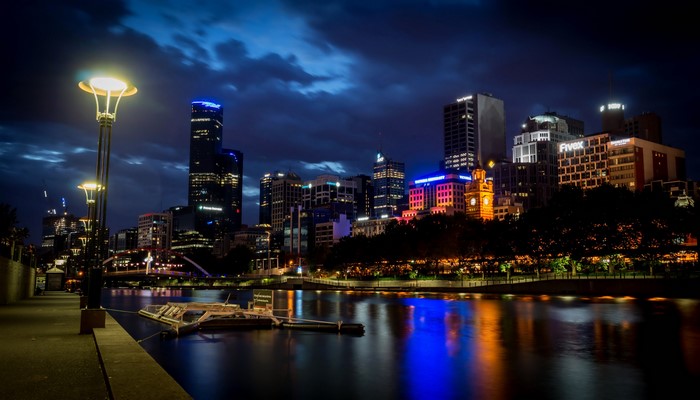 Melbourne skyline at night with Yarra River